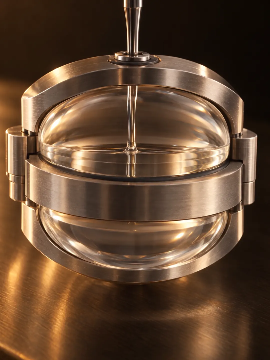 A clear liquid filling a steel-ringed optical mold.