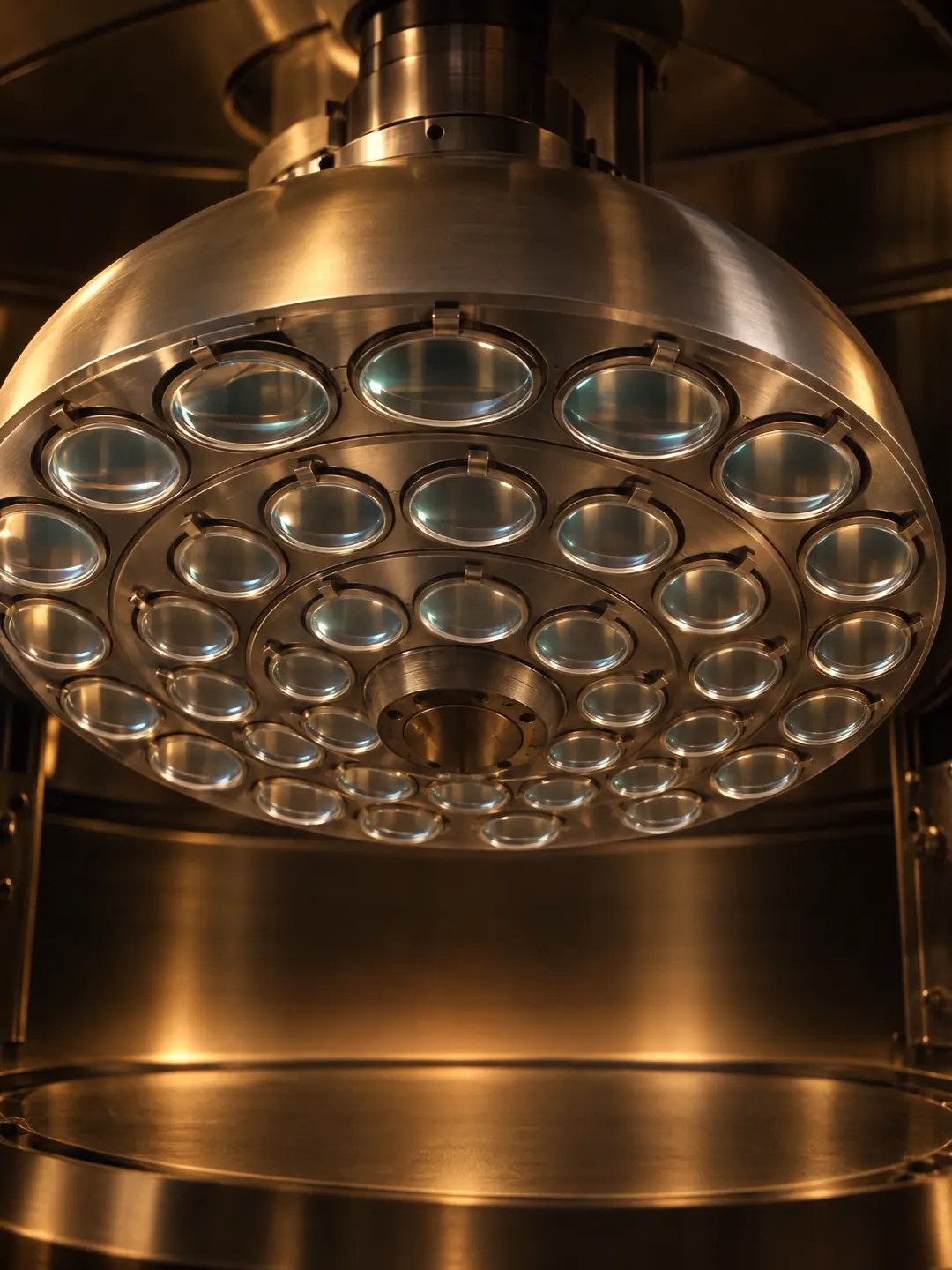 Lenses held in the dome of a vacuum coating chamber.