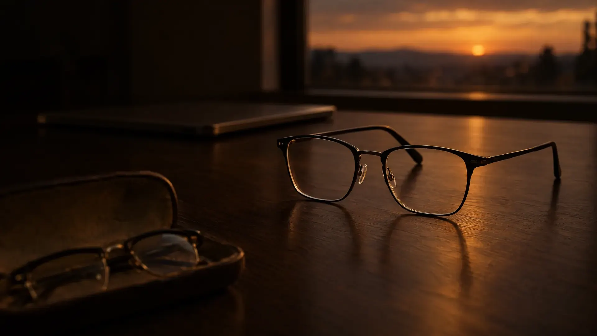 One pair of glasses on a desk at dusk, a window and laptop soft behind, an old pair of reading glasses set aside in its case.