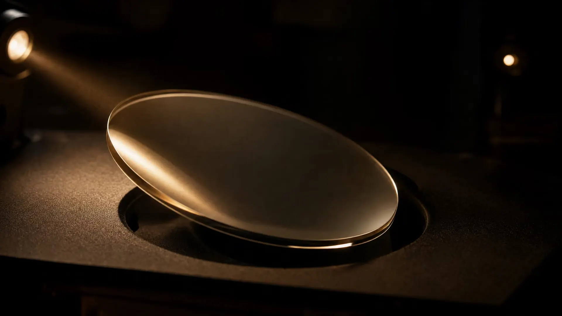A finished lens resting on a dark inspection bench, one narrow beam of warm light raking across its polished surface.