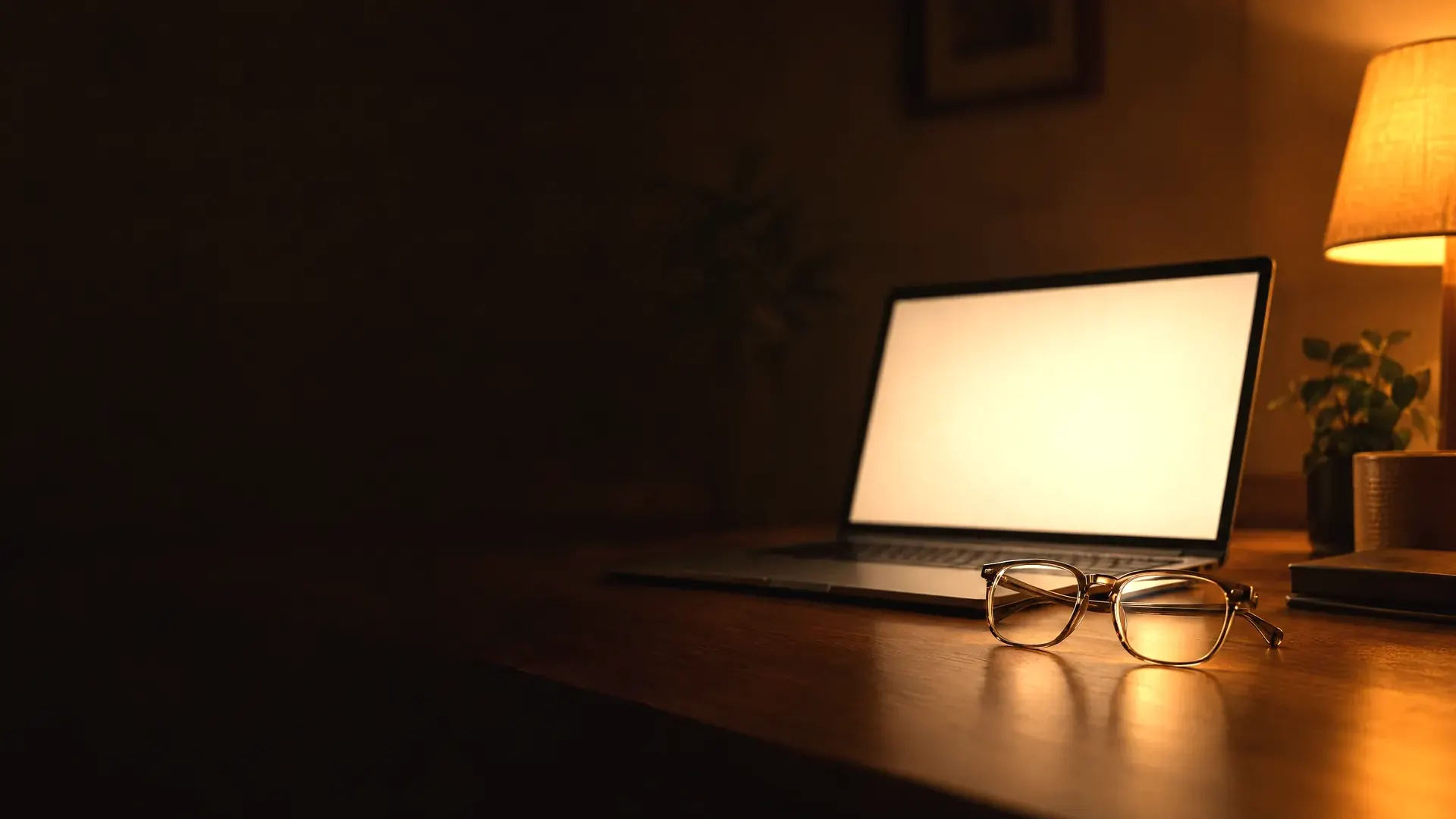 A pair of glasses on a desk between a warm lamp and the pale glow of a laptop, in an ordinary evening room.
