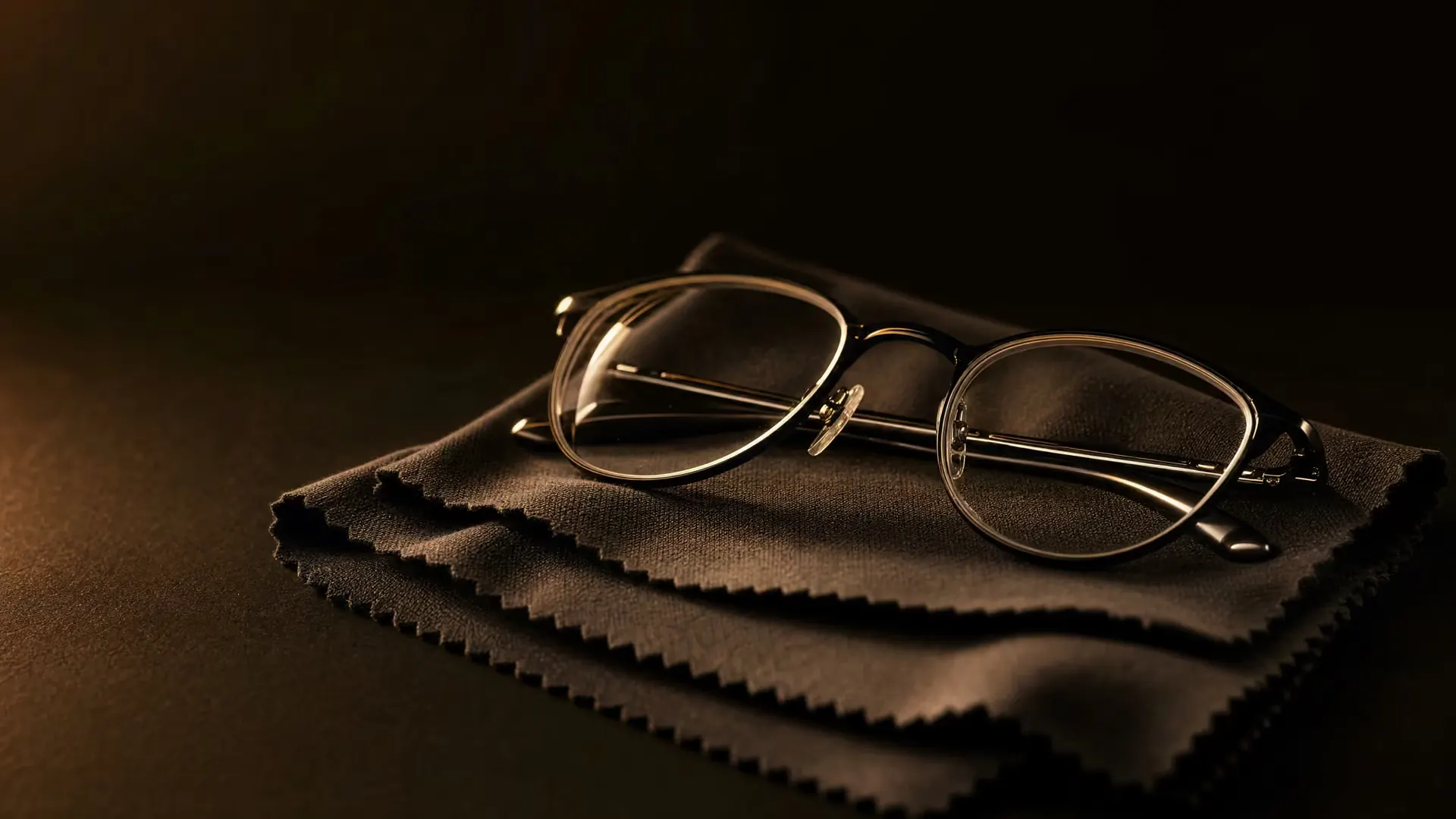 A pair of glasses resting folded on a soft microfiber cleaning cloth in warm low light.