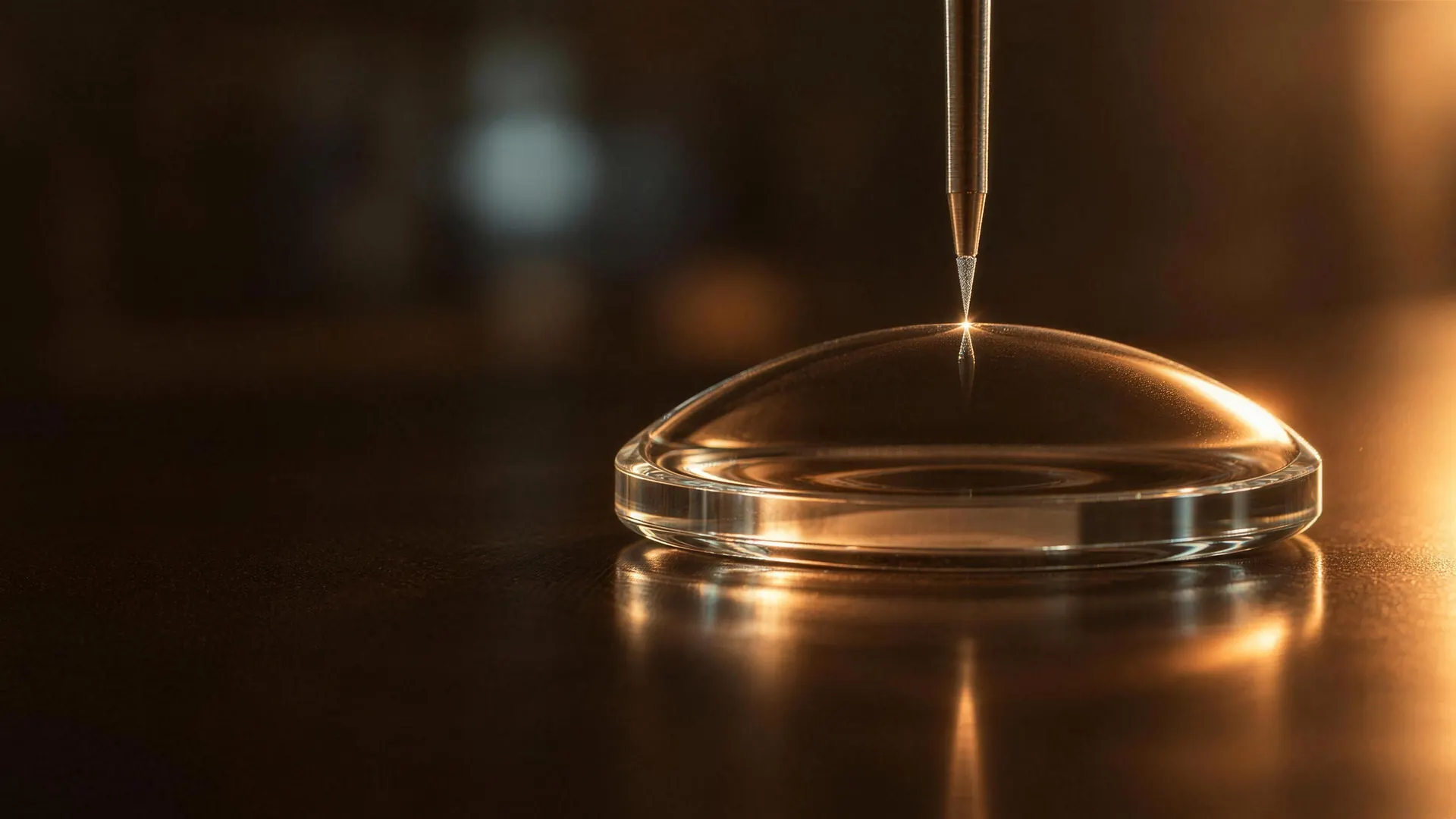 A thick clear lens blank, dome upward on a dark polished surface, with a fine diamond point touching the top of the curve.