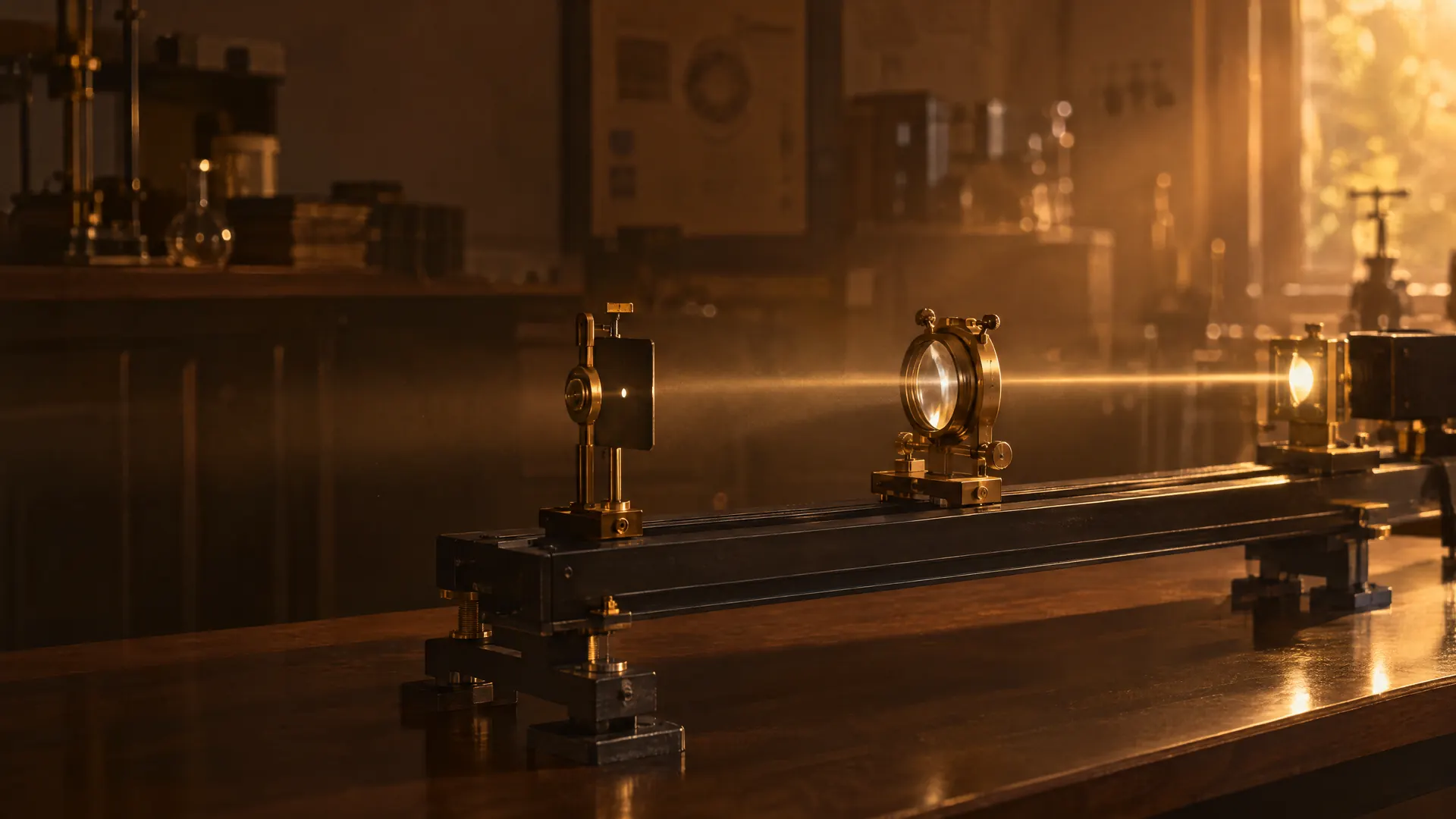An optical bench in a warm, lit laboratory, a beam of light passing along its rail through a lens in a brass holder.
