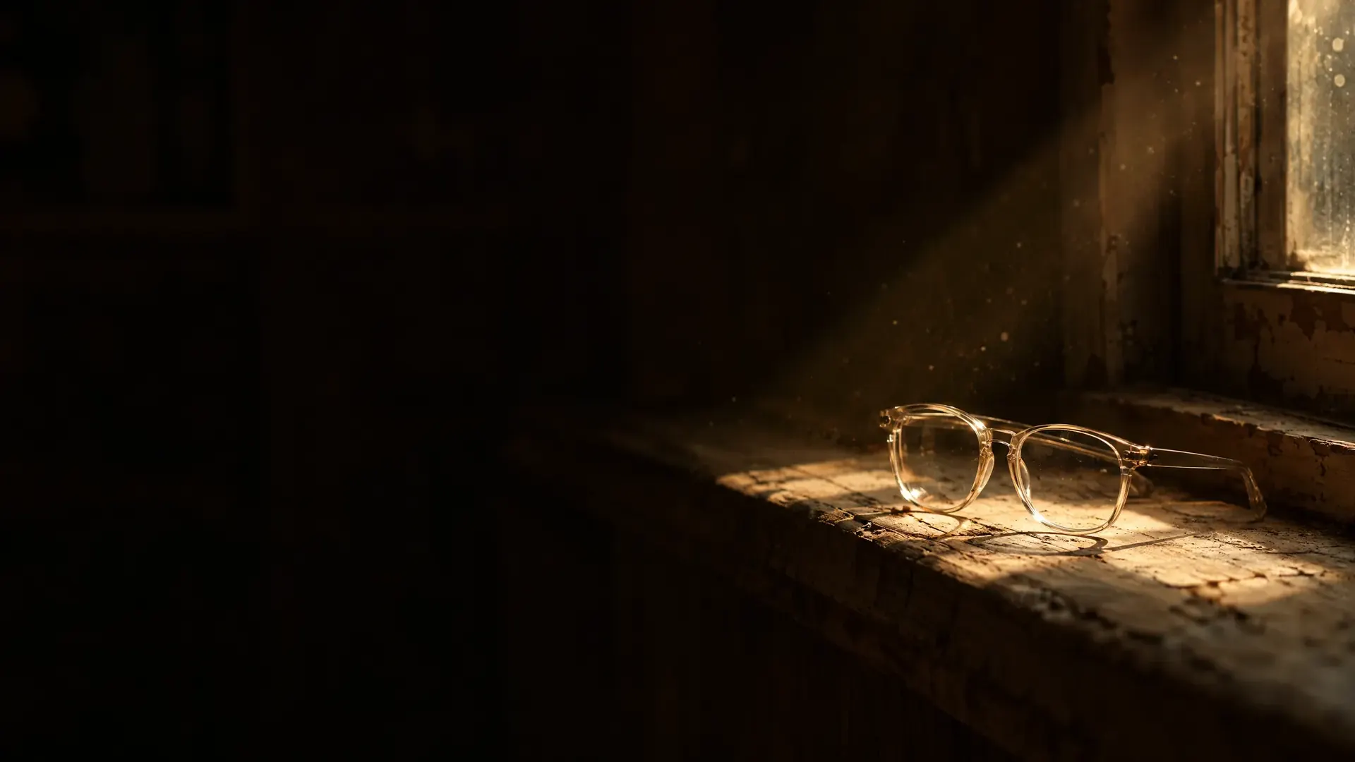 A pair of glasses on an old sun-bleached window sill, in a hard slanting beam of sunlight.